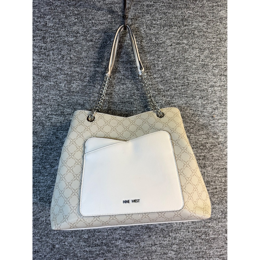 Nine West Monogram Tote Bag Cream Tan White Logo Chain Shoulder Bag Professional